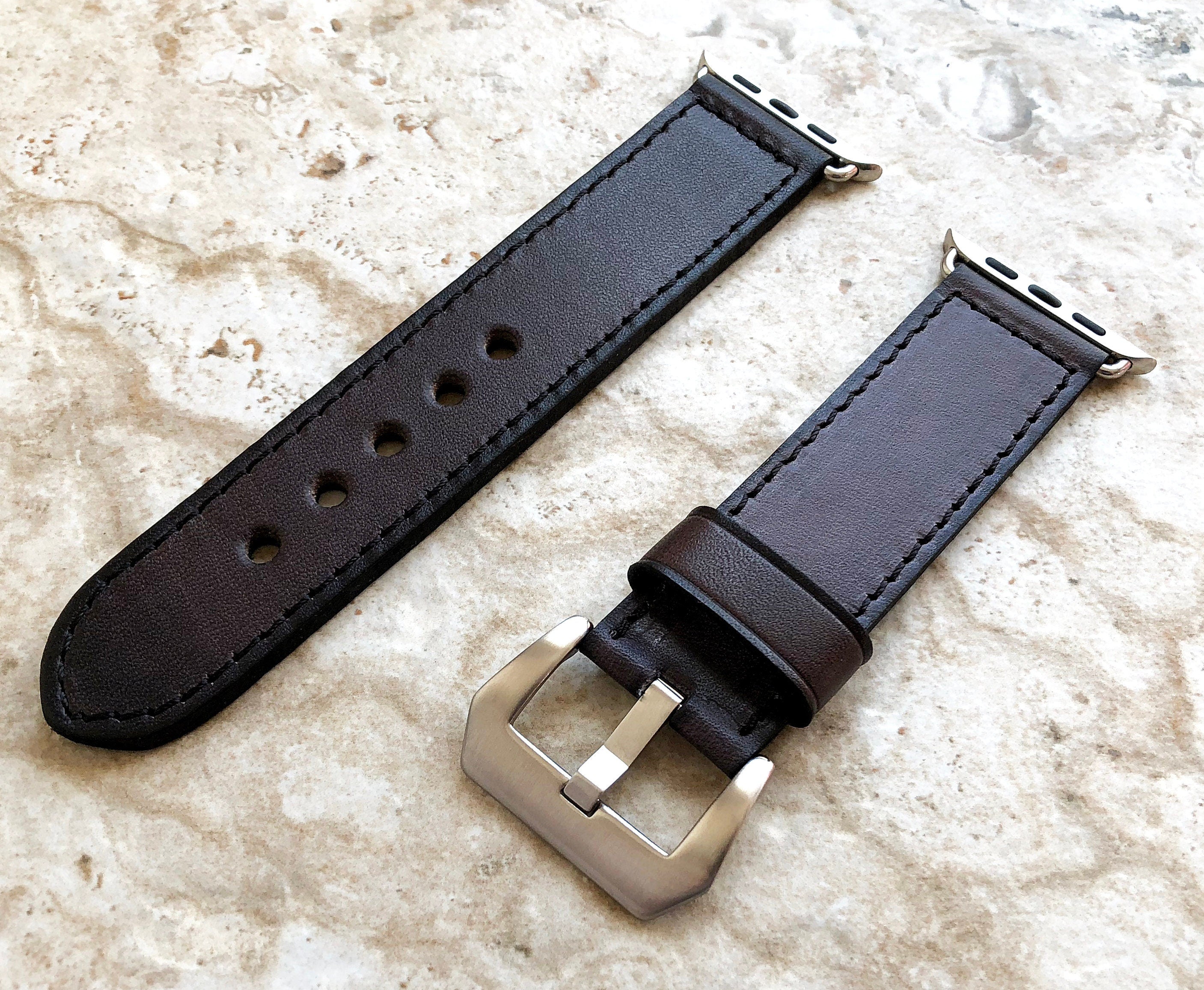 Apple Dark Brown Double Sided Stitched Band for iWatch Ultra 2 49mm and 9 8 Series 41mm 45mm Case Handmade Genuine Elegant Leather Strap